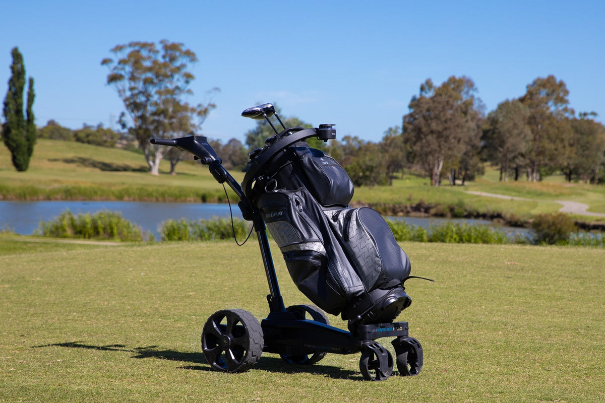 MGI Ai Halo Buggy with Halo Eye attached on a golf course.