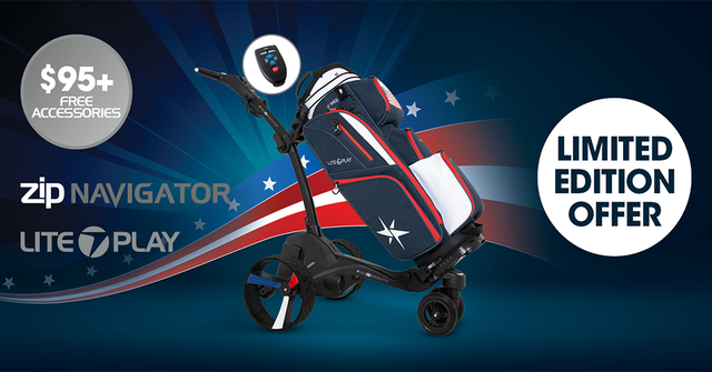 Walk the course with the MGI Americana Lite-Play Bag & Zip Navigator Electric Caddy bundle.
