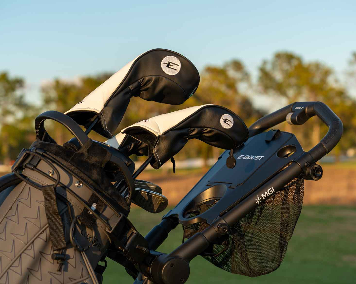 Golf bag with clubs on a golf course