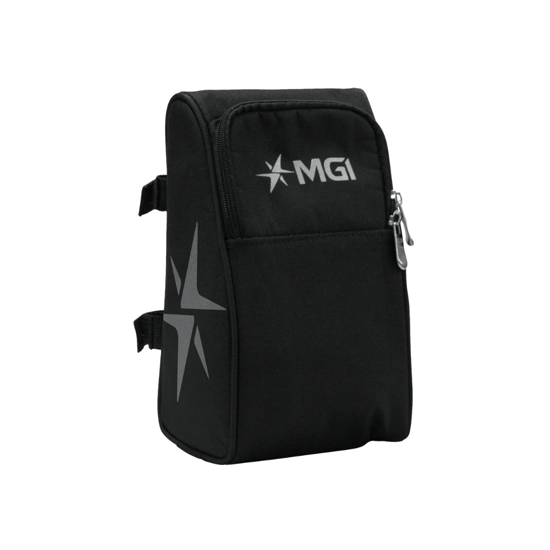 A black MGI Golf accessories bag with a logo on the front, designed to clip on and off a golf bag frame.