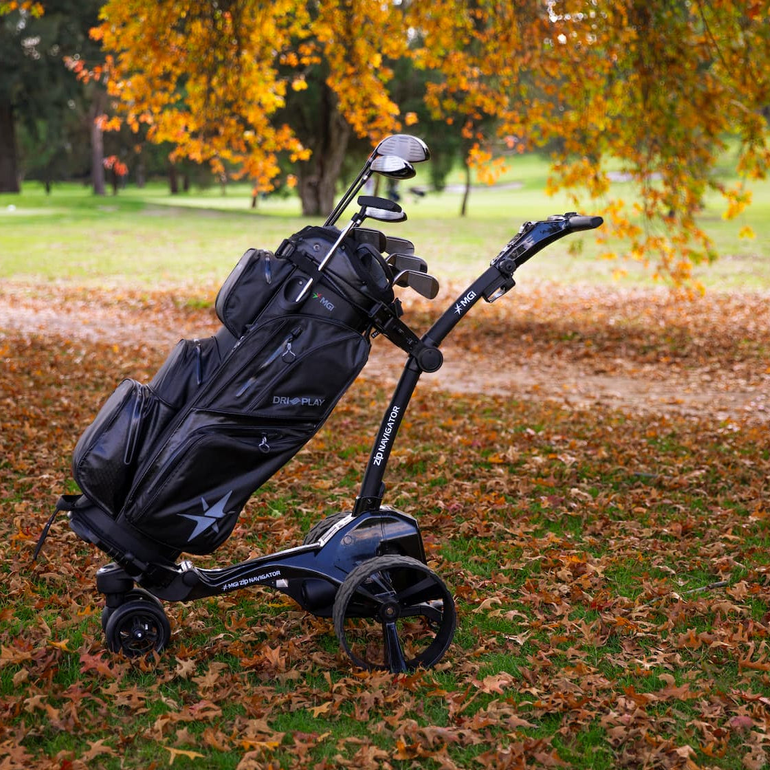 A black golf trolley with a golf bag loaded with clubs, parked on a grassy path covered with fallen leaves in an autumn park setting.