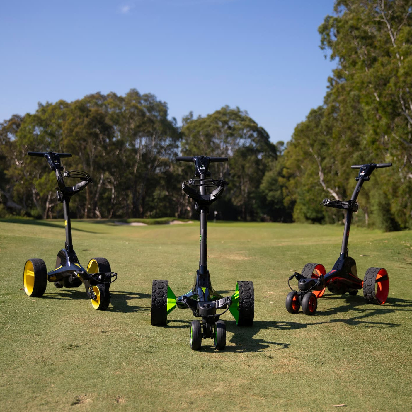 Three electric golf carts parked on a grassy golf course with trees and blue sky in the background.